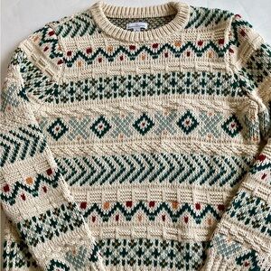 L.L. Bean Cream, Green & Red Patterned Crewneck Sweater